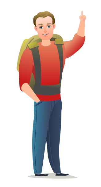 人旅游背包客。背着背包的家伙。开朗的人。站立姿势。漫画风格扁平化设计。单个的字符。插图孤立在白色背景上。向量图片下载