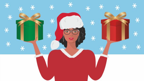 女人可以选择买绿色或红色的圣诞礼物。矢量插图。图片下载