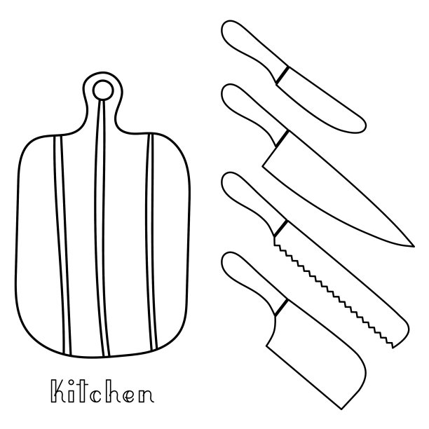 厨房工具木trencher和一套四厨房刀黄油，面包，雕刻刀和菜刀轮廓简单简约的平面设计矢量插图孤立在白色背景图片下载