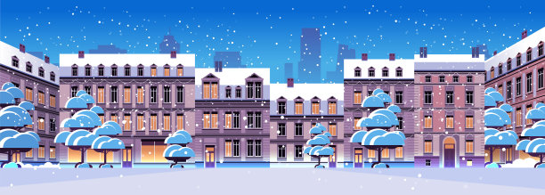 夜冬城市街道以现代住宅为背景，外立面以城市建筑为背景，水平城市景观图片下载