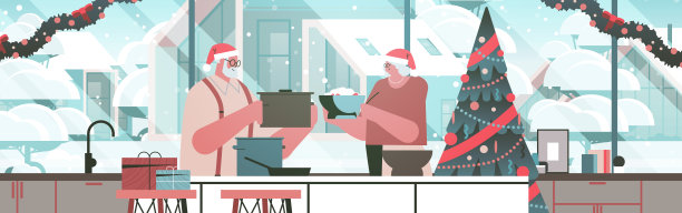 老夫妇戴着圣诞帽一起在厨房烹饪圣诞晚餐准备新年假期庆祝活动图片下载