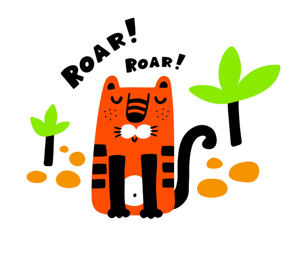 可爱的老虎设计在丛林中咆哮。图片下载