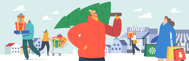 快乐的人们冲向圣诞大减价。男人和女人买礼物和树，推购物车的礼物图片下载