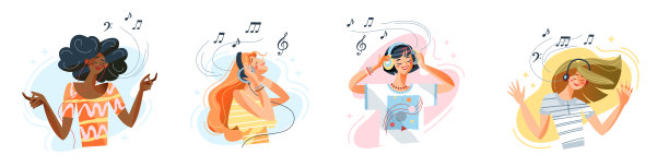 人们戴着耳机听音乐，享受矢量插图。卡通快乐的年轻女性人物通过智能手机听mp3歌曲或收音机，人使用耳机隔离在白色。图片下载