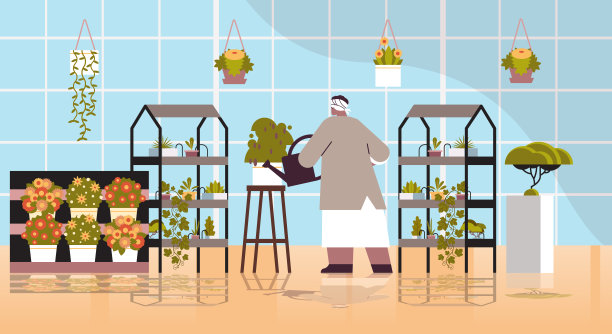 高级女园丁拿着浇水罐照顾家里花园、客厅或办公室内部的盆栽植物图片下载