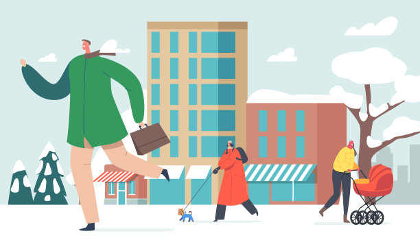 现代城市雪景街头人群：雪中漫步的母亲和婴儿车图片下载