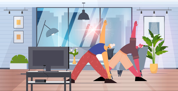 老年男女做瑜伽健身练习，在线看电视教程，锻炼健康生活方式，积极上年纪图片下载