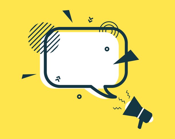 白色的语音气泡和扩音器在平面艺术。黄色背景上的几何形状的风格横幅。彩色贴纸，有促销文字，价格标签，促销广告。矢量插图。图片下载