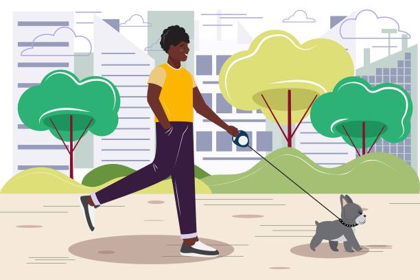 一个年轻人在公园里遛狗。平面设计说明。图片下载