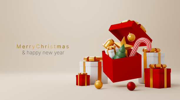 圣诞快乐，新年快乐概念。打开礼品盒装饰装饰圣诞节，星星，铃铛，圣诞树，糖果和礼物。3 d渲染图图片下载