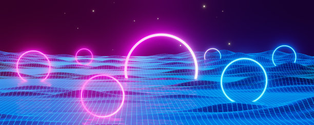 科幻霓虹灯辉光网络网格连接，门户灯辉光环，黑暗空间，3d渲染插画图片下载