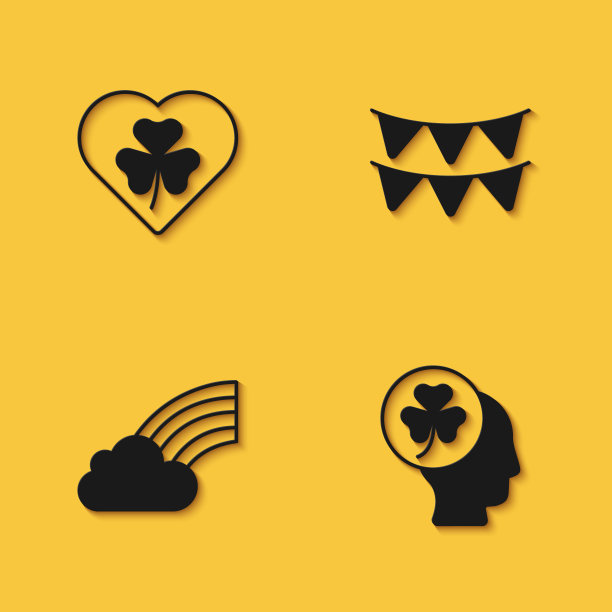 心与三叶草叶子，头，彩虹云和嘉年华花环旗帜图标与长影子。向量图片下载