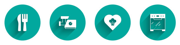 设置交叉刀和叉，厨房绞肉机，厨师帽和烤箱图标与长影子。向量图片下载