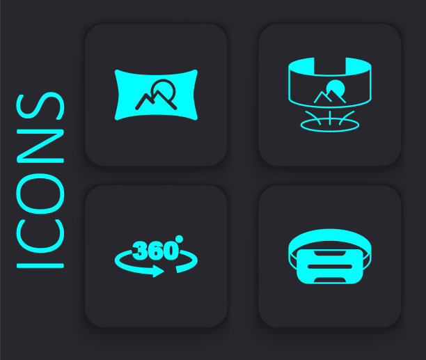 设置虚拟现实眼镜，广角图片，360度视角和图标。黑色方形按钮。向量图片下载