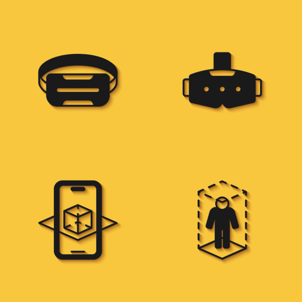 设置虚拟现实眼镜，三维建模，长阴影图标。向量图片下载
