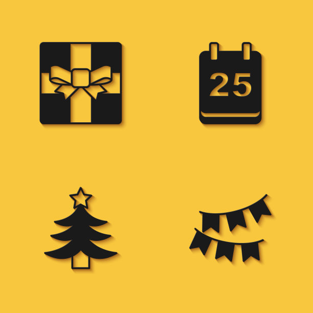 套装礼盒，嘉年华花环与旗帜，圣诞树和日日历图标与长影子。向量图片下载