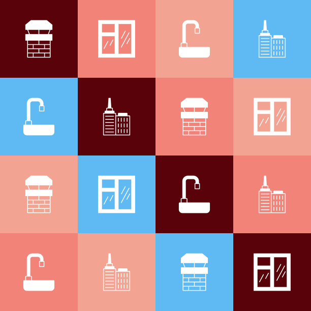 设置流行艺术烟囱，房间窗户，脸盆和城市景观图标。向量图片下载