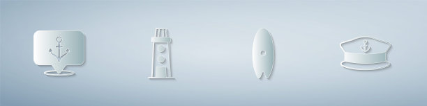 设置锚，灯塔，冲浪板和船长帽。纸艺术风格。向量图片下载