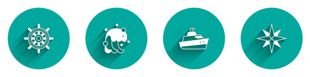 设置船舶舵轮，海啸，快艇和风玫瑰图标与长影子。向量图片下载