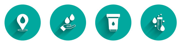 设置水滴位置，洗手皂，滤芯和试管水图标与长影子。向量图片下载