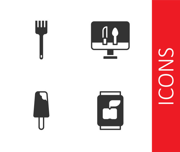 设置汽水罐，叉子，冰淇淋和在线订购食品图标。向量图片下载