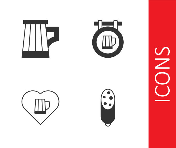 设置腊肠，木制啤酒杯，心与玻璃和街道招牌图标。向量图片下载