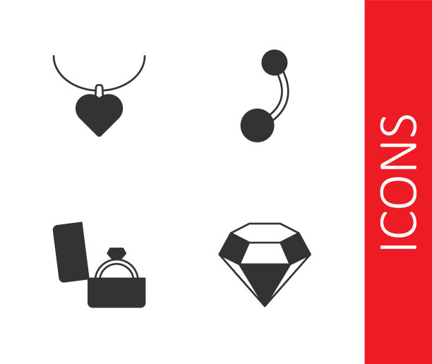 钻石，心形项链，订婚戒指在盒子和穿孔图标。向量图片下载