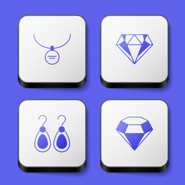 在项链，钻石，耳环和图标上设置吊坠。白色正方形按钮。向量图片下载