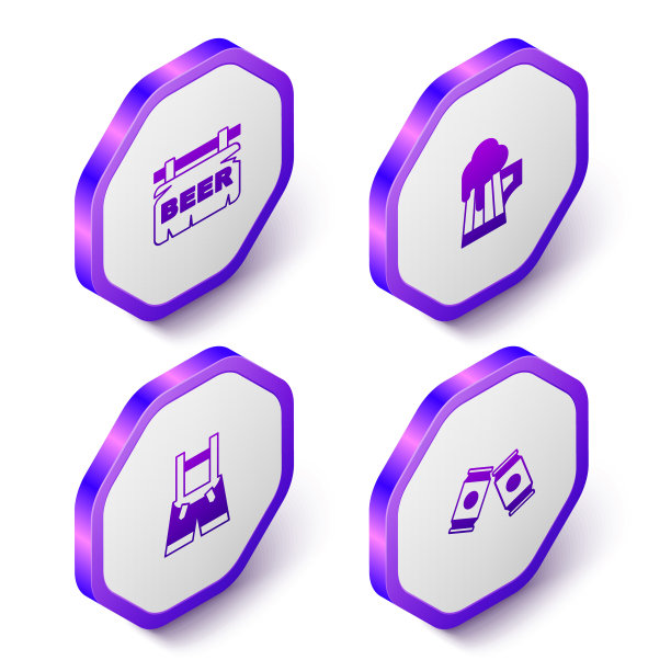 设置等距街道招牌与啤酒，木制啤酒杯，皮短裤和可以图标。紫色的六角按钮。向量图片下载