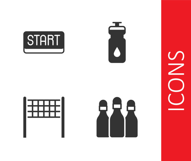 设置保龄球瓶，丝带终点线，排球网和健身摇床图标。向量图片下载