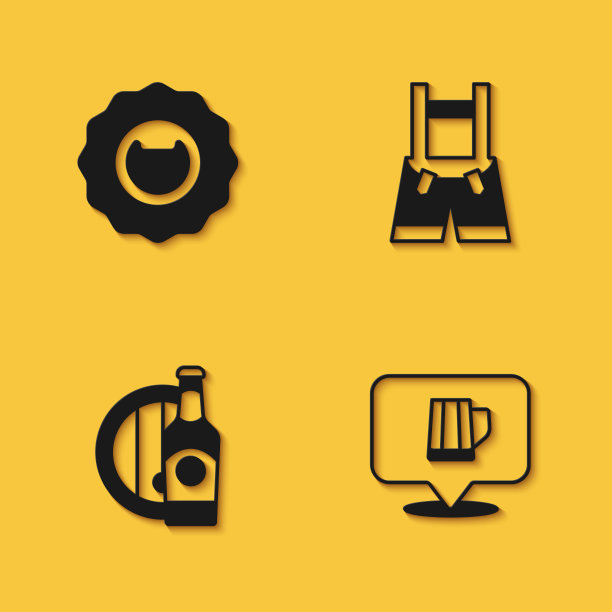 设置开瓶器，木制啤酒杯，啤酒瓶和木桶，皮短裤图标与长影子。向量图片下载