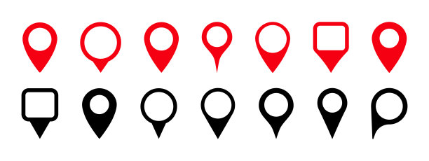 地图定位图钉图标矢量素材：GPS、地理位置和地点指示器，旅行路线目的地标记，红色和黑色图标，导航标识图片下载