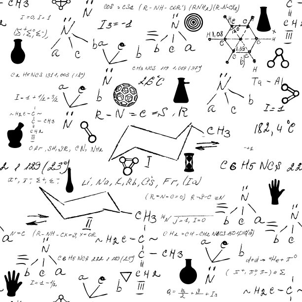 无缝无尽的模式背景与手写的化学公式，化学关系或规则表达的符号，各种物质，化合物，组成的原子，分子和离子。向量。图片下载