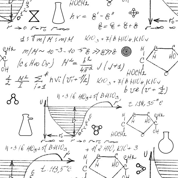 化学无缝模式与手写的各种公式和分子结构和图表。原子几何。大学讲座。科学研究如炼金术。向量。图片下载