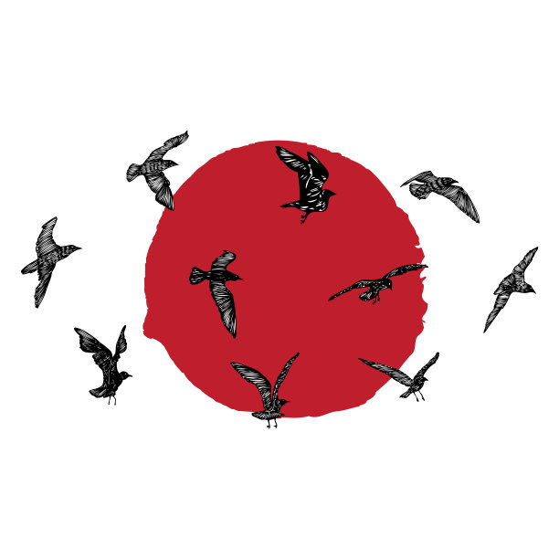 一套航海设计的海洋徽章与海鸥鸟群在日落。飞翔的海鸥的笔画。概念灵感的身体闪光纹身。热带风情自然海景，扬帆远航。向量。图片下载