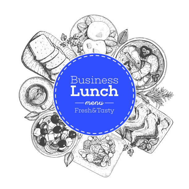 商务午餐标签设计。食物菜单手绘元素。复古草图矢量插图。图片下载