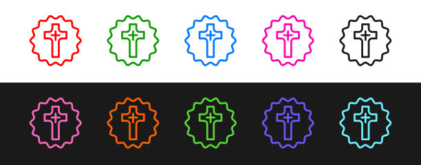 设置线基督教十字图标孤立在黑色图片下载