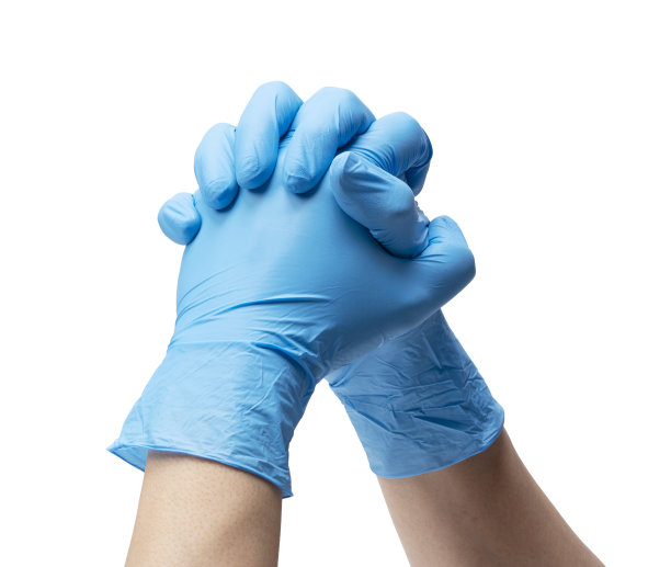 男子手戴丁腈手套，白色背景图片下载