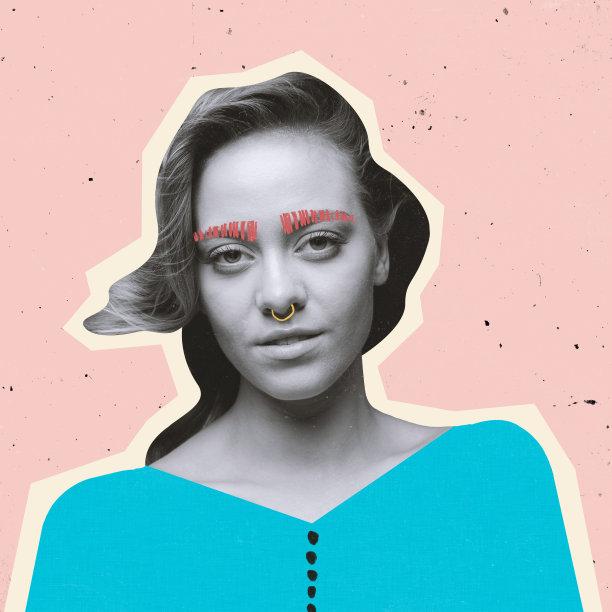 年轻女子的当代艺术拼贴画，在粉红色的背景上画出布艺元素图片下载