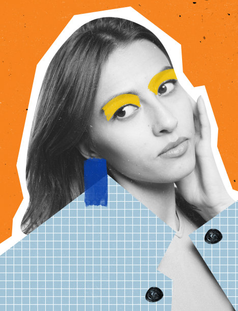 当代艺术拼贴的美丽时尚的女人与绘画元素的布和配件孤立在橙色的背景。时尚潮流图片下载