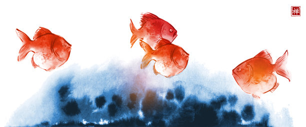 白色背景上的金色鱼群和抽象的蓝色波浪。传统东方水墨画梅花、梅花、梅花。翻译象形文字-好运图片下载