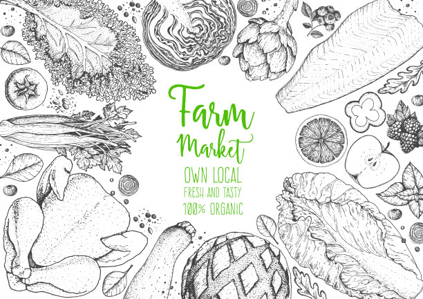 健康食品框架矢量插图。蔬菜，水果，肉和鱼手绘。有机产品。农贸市场的食物收集。图片下载