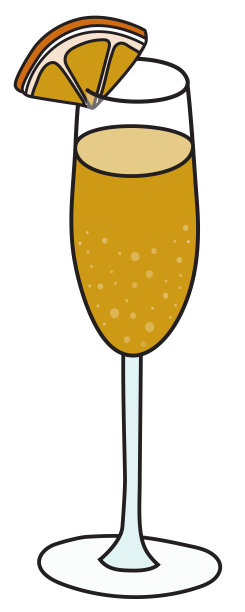 涂鸦卡通潮人风格彩色矢量插图。黄色的含羞草鸡尾酒在长笛杯里，点缀着一片橙子。适用于酒吧餐厅菜单广告装饰、海报或卡片图片下载