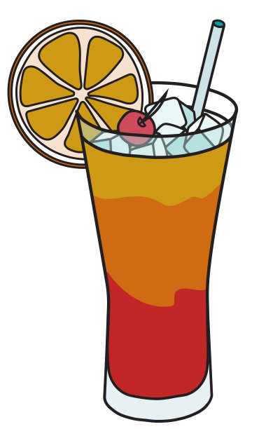 时尚的手绘涂鸦卡通风格，黄色，红色，橙色，龙舌兰日出鸡尾酒在海博尔杯装饰樱桃。矢量插图适合于酒吧菜单或酒精烹饪书的食谱图片下载