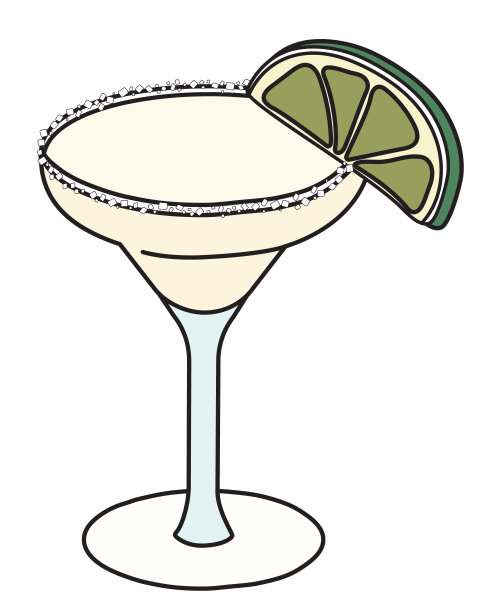 玛格丽塔经典鸡尾酒在特定的杯子。这是一种以龙舌兰酒为基酒，点缀着一片酸橙和盐。时尚的手绘涂鸦卡通风格矢量插图，适合卡片，海报等。图片下载