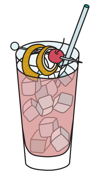 海风经典鸡尾酒在高球杯。以伏特加为基酒，以橙汁和樱桃装饰的粉色饮料。时髦的手绘涂鸦卡通潮人风格矢量插图图片下载