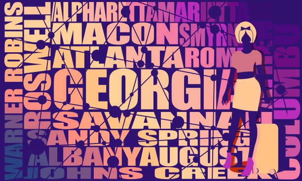 拿着行李站在那里的女旅行者。背景是乔治亚州的城市图片下载