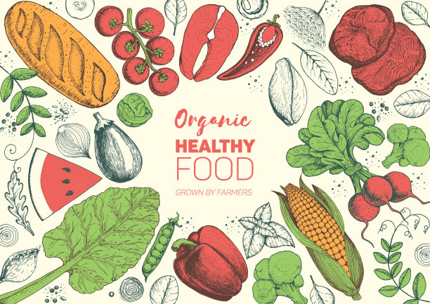 健康食品框架矢量插图。蔬菜，肉和鱼的手绘。有机产品。农贸市场的食品收集。图片下载