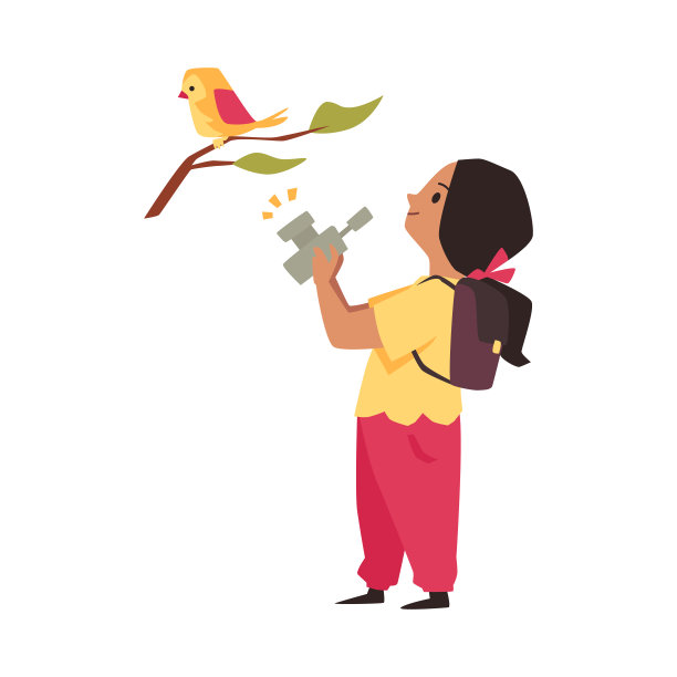 女学生探索自然，检查，照片鸟坐在树枝上图片下载