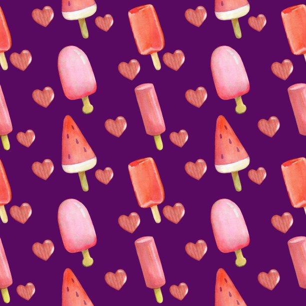 水果粉色冰淇淋棒，水彩插图，无缝图案在暗紫丁香背景图片下载
